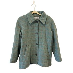 Donegal Design Ireland Irish 100% Wool Green Blue Plaid Pea Coat Jacket Small
